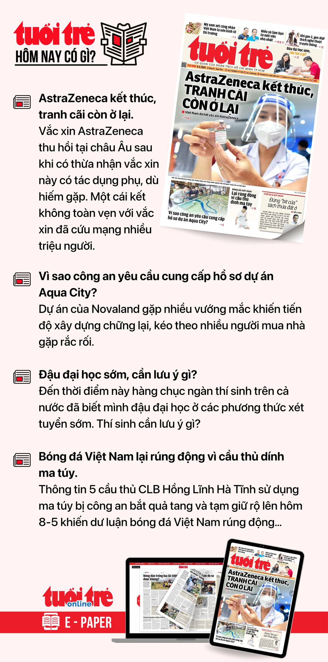 Tin tức chính trên Tuổi Trẻ nhật báo hôm nay 9-5. Để đọc Tuổi Trẻ báo in phiên bản E-paper, mời bạn đăng ký Tuổi Trẻ Sao TẠI ĐÂY