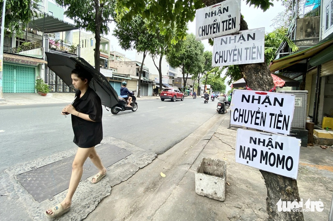 Người dân dùng đinh lớn đóng sâu vào thân cây để treo biển quảng cáo chi chít - Ảnh: TIẾN QUỐC