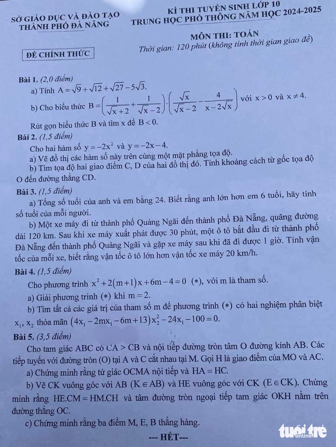 Đề thi môn toán vào lớp 10 Đà Nẵng năm học 2024-2025 - Ảnh: ĐOÀN NHẠN
