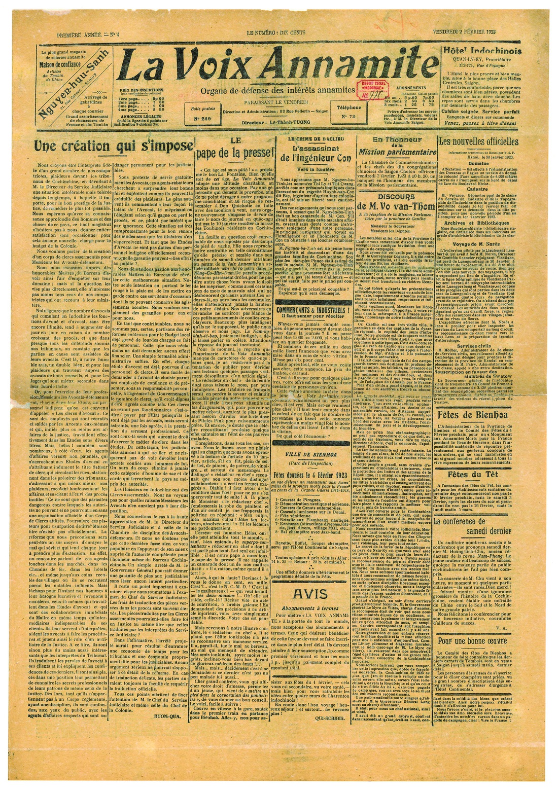 Tờ La voix Annamite1923, , số ra ngày 2-2-trang 1. Nguồn: Thư viện Quốc gia Pháp