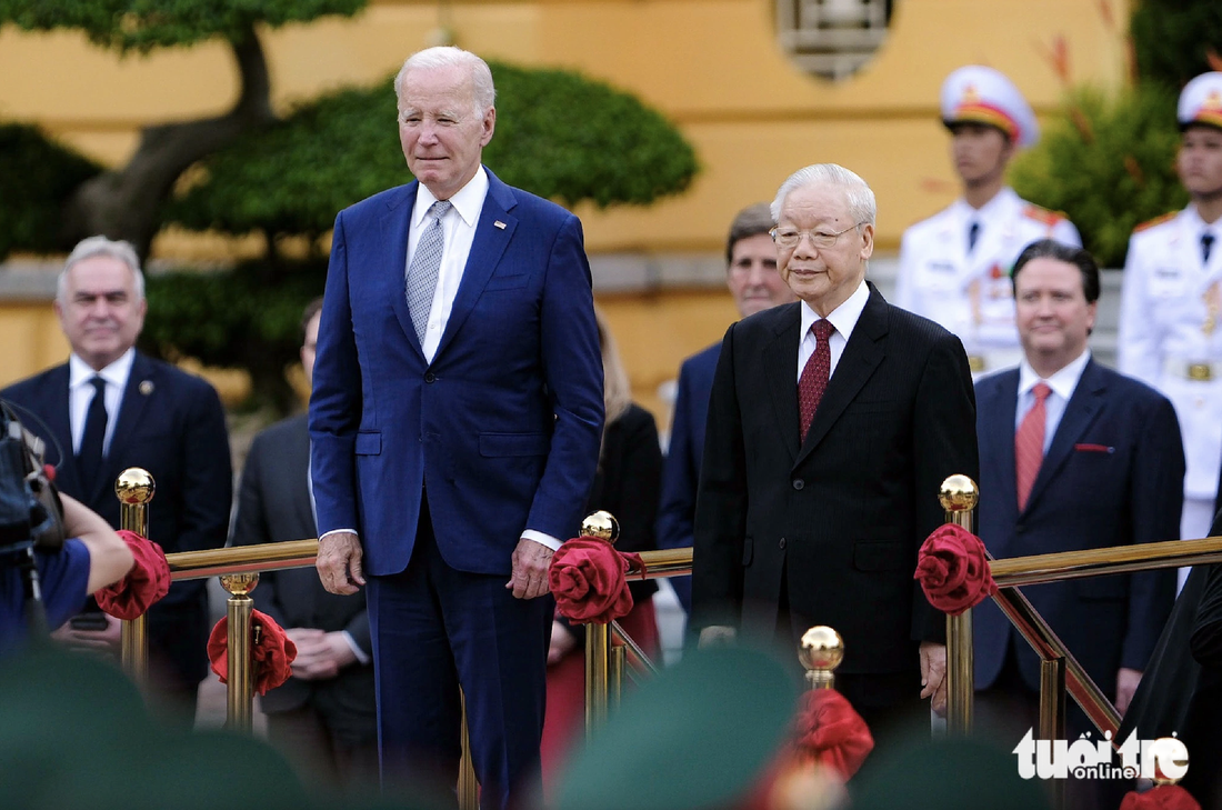 Tổng bí thư Nguyễn Phú Trọng chủ trì lễ đón Tổng thống Mỹ Joe Biden tháng 9-2023 - Ảnh: NAM TRẦN