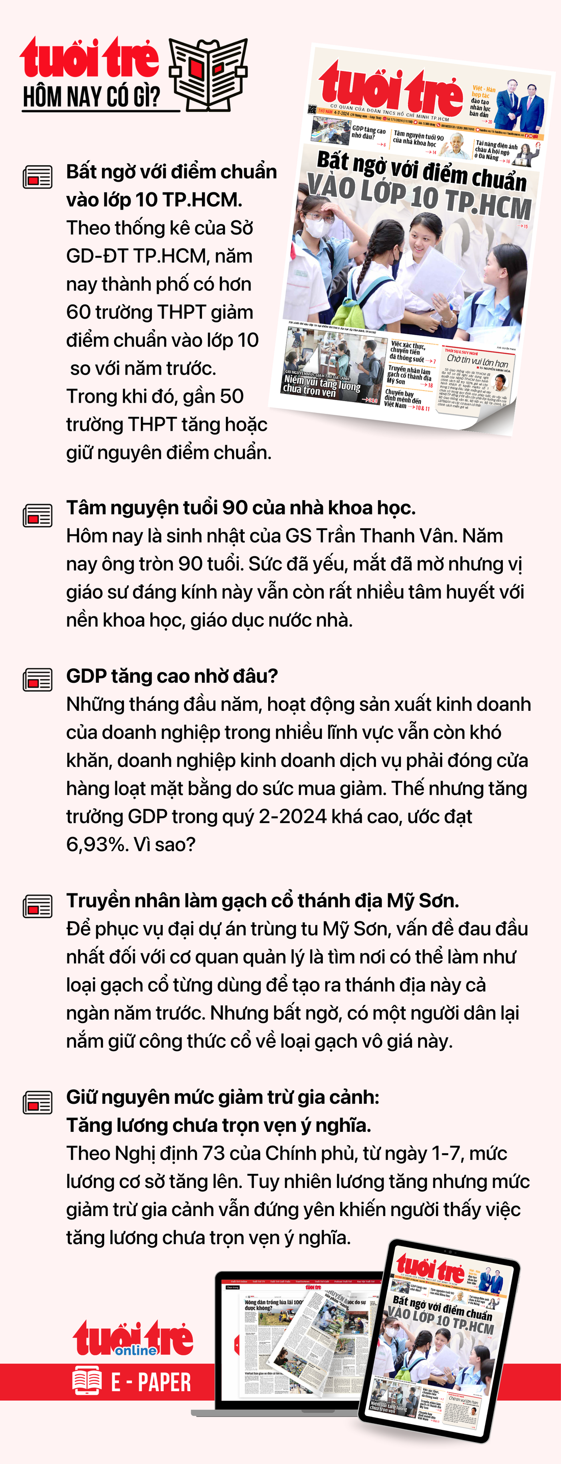 Tin tức chính trên Tuổi Trẻ nhật báo hôm nay 4-7. Để đọc Tuổi Trẻ báo in phiên bản E-paper, mời bạn đăng ký Tuổi Trẻ Sao TẠI ĐÂY