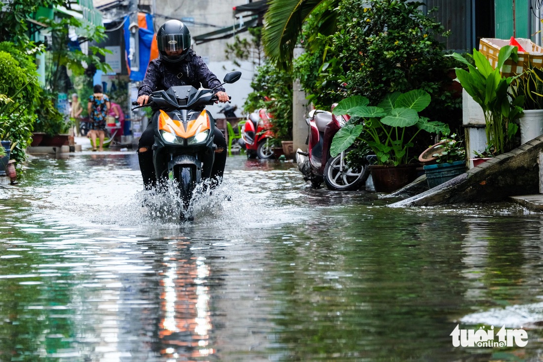 Hẻm ngập nước nửa tháng chưa rút, học sinh lội nước đi học, người lớn mang ủng đi làm - Ảnh 1.