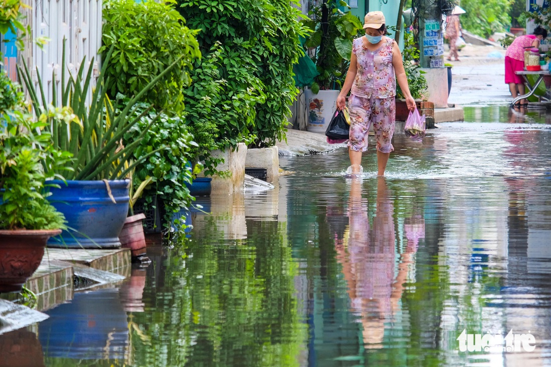 Hẻm ngập nước nửa tháng chưa rút, học sinh lội nước đi học, người lớn mang ủng đi làm - Ảnh 4.