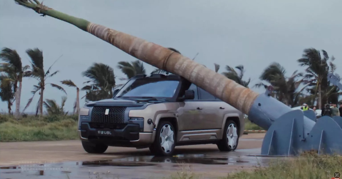 Thả cây cọ khổng lồ từ trên cao xuống, xe ô tô vẫn chạy phà phà, không vỡ nổi một tấm kính