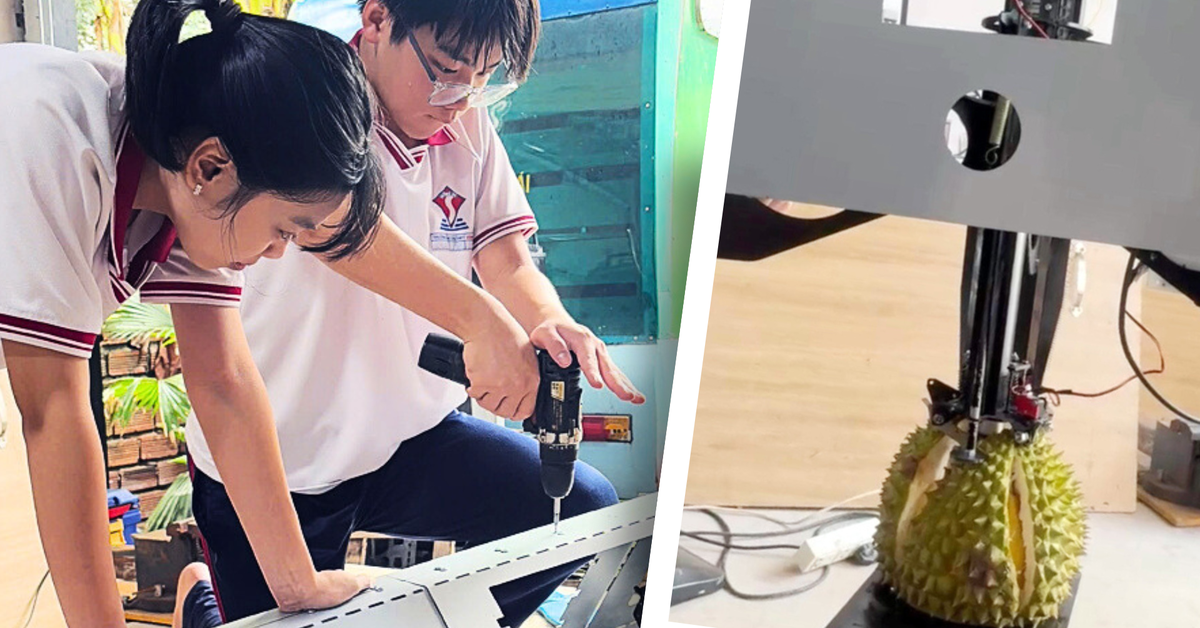 Học sinh làm máy tách vỏ sầu riêng bán tự động