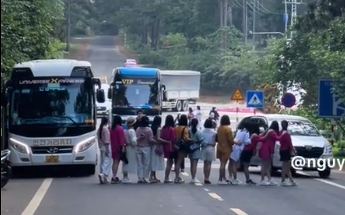 Hướng dẫn viên cho khách dàn hàng ngang chụp ảnh trên đường tại Măng Đen