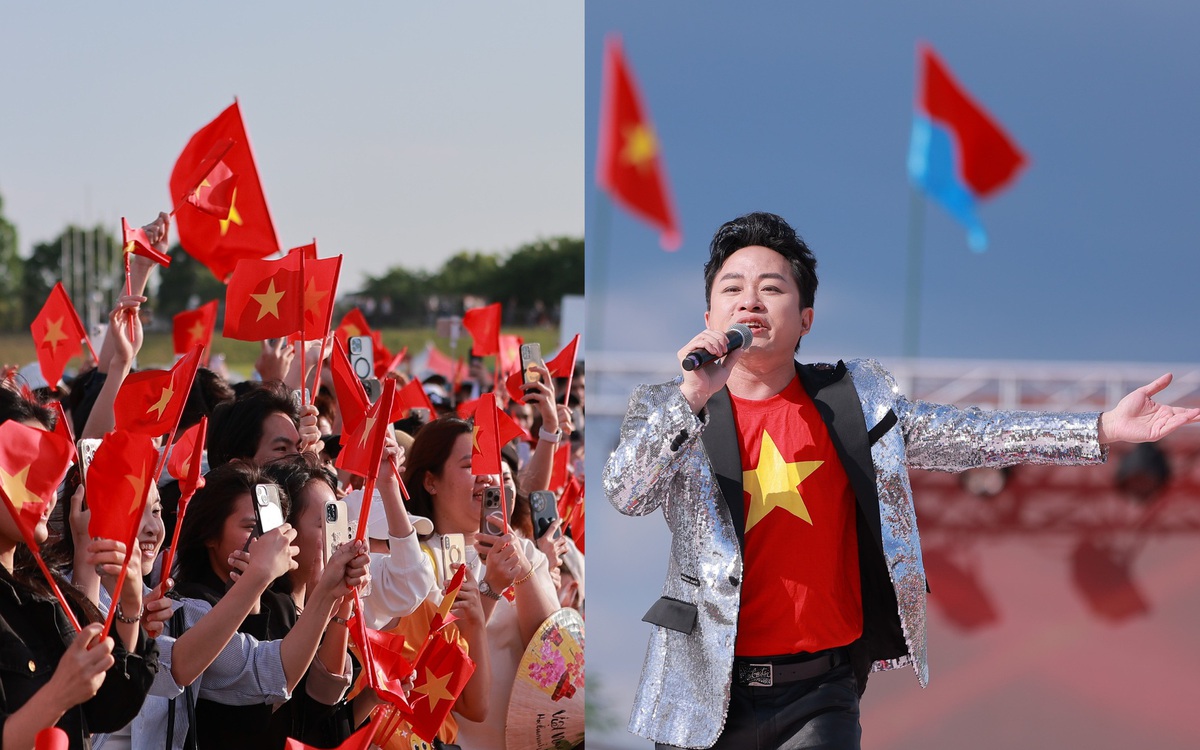 Khán giả đặt tay lên ngực trái, cùng Tùng Dương hát vang Quốc ca tại Nhật