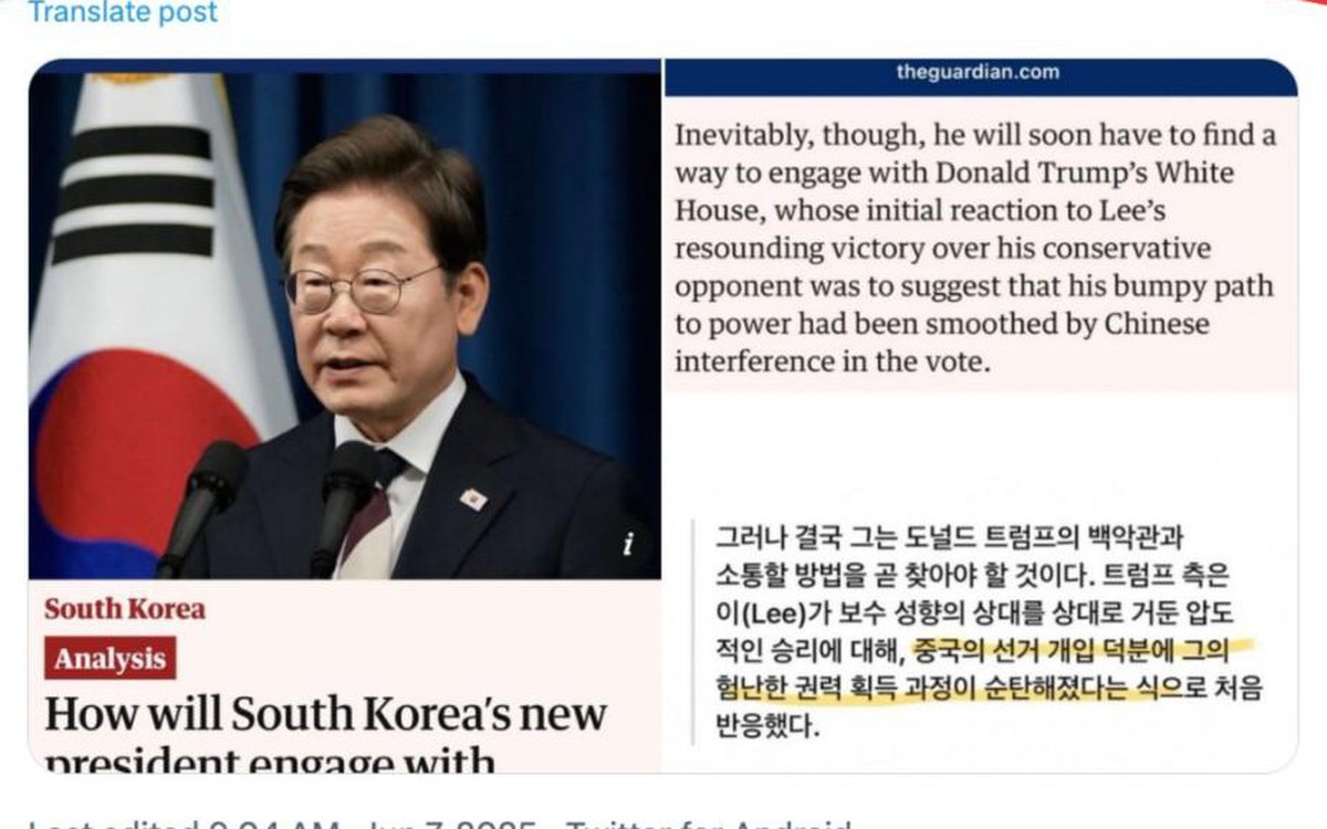 Xuyên tạc bài báo Guardian để nói tổng thống Hàn Quốc đắc cử nhờ Trung Quốc can thiệp