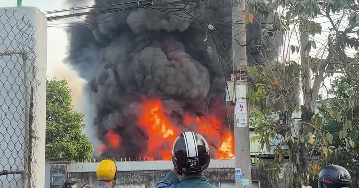 Cháy lớn nhà xưởng chứa pallet nhựa ở xã Đông Thạnh