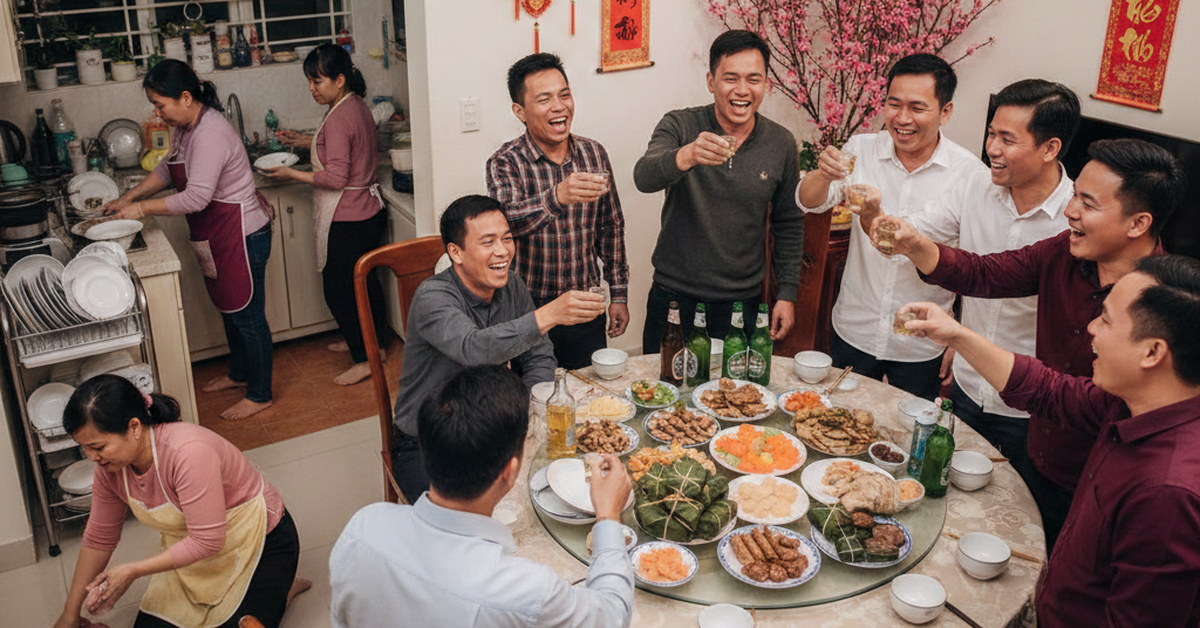 Cùng chung mâm cơm Tết, sao mà đàn ông ngồi nhậu, phụ nữ cắm mặt rửa chén, dọn dẹp!