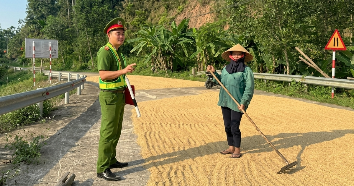 Công an nhắc nhở người dân không phơi lúa lấn chiếm lòng, lề đường