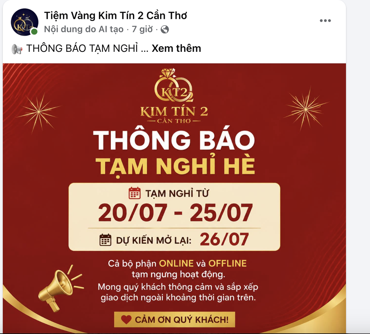 Lý do tiệm vàng nổi tiếng ở Cần Thơ ra thông báo tạm 'nghỉ hè'