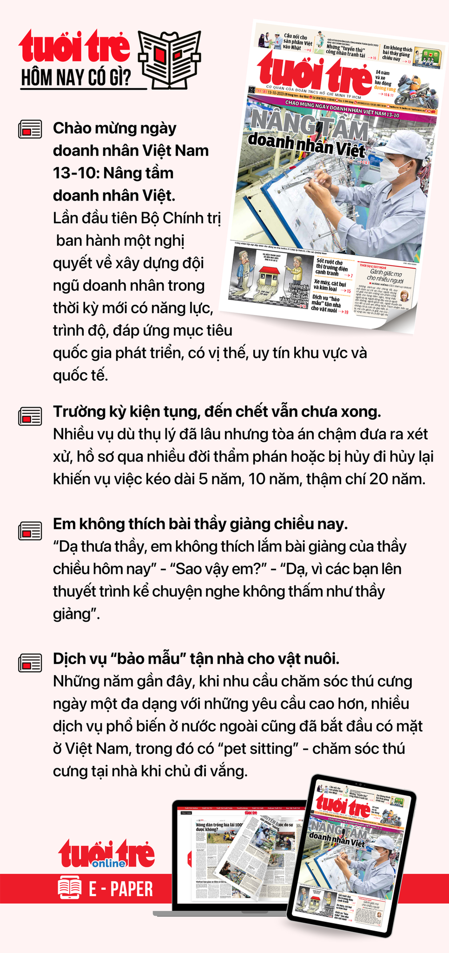 Tin tức chính trên Tuổi Trẻ nhật báo hôm nay 13-10. Để đọc Tuổi Trẻ báo in phiên bản E-paper, mời bạn đăng ký Tuổi Trẻ Sao TẠI ĐÂY