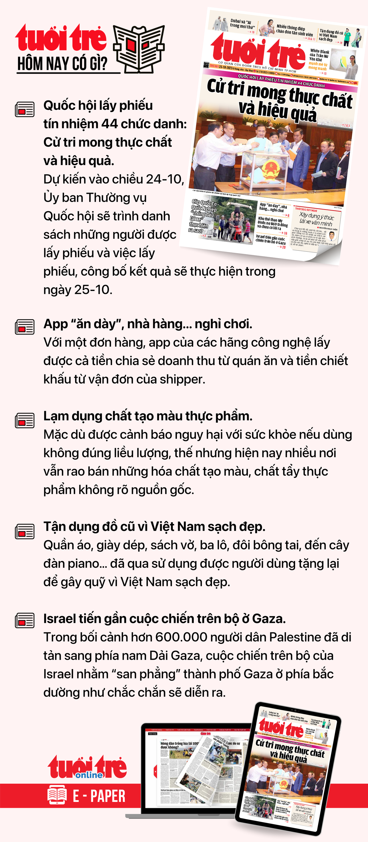 Tin tức chính trên Tuổi Trẻ nhật báo hôm nay 23-10. Để đọc Tuổi Trẻ báo in phiên bản E-paper, mời bạn đăng ký Tuổi Trẻ Sao TẠI ĐÂY