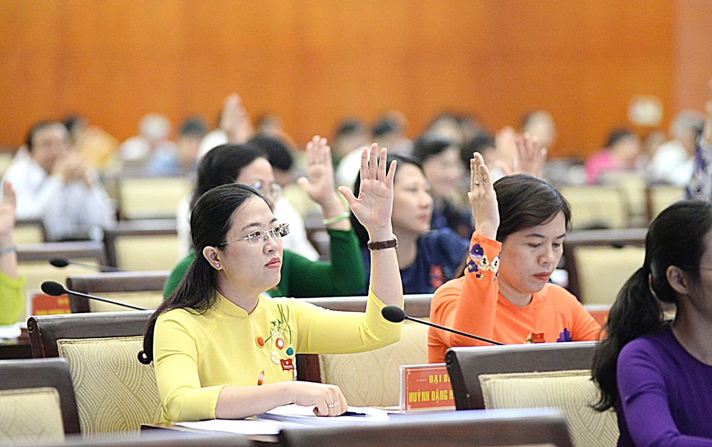 Các đại biểu biểu quyết thông qua danh sách lấy phiếu tín nhiệm 30 lãnh đạo tại một kỳ họp HĐND TP.HCM - Ảnh: TỰ TRUNG