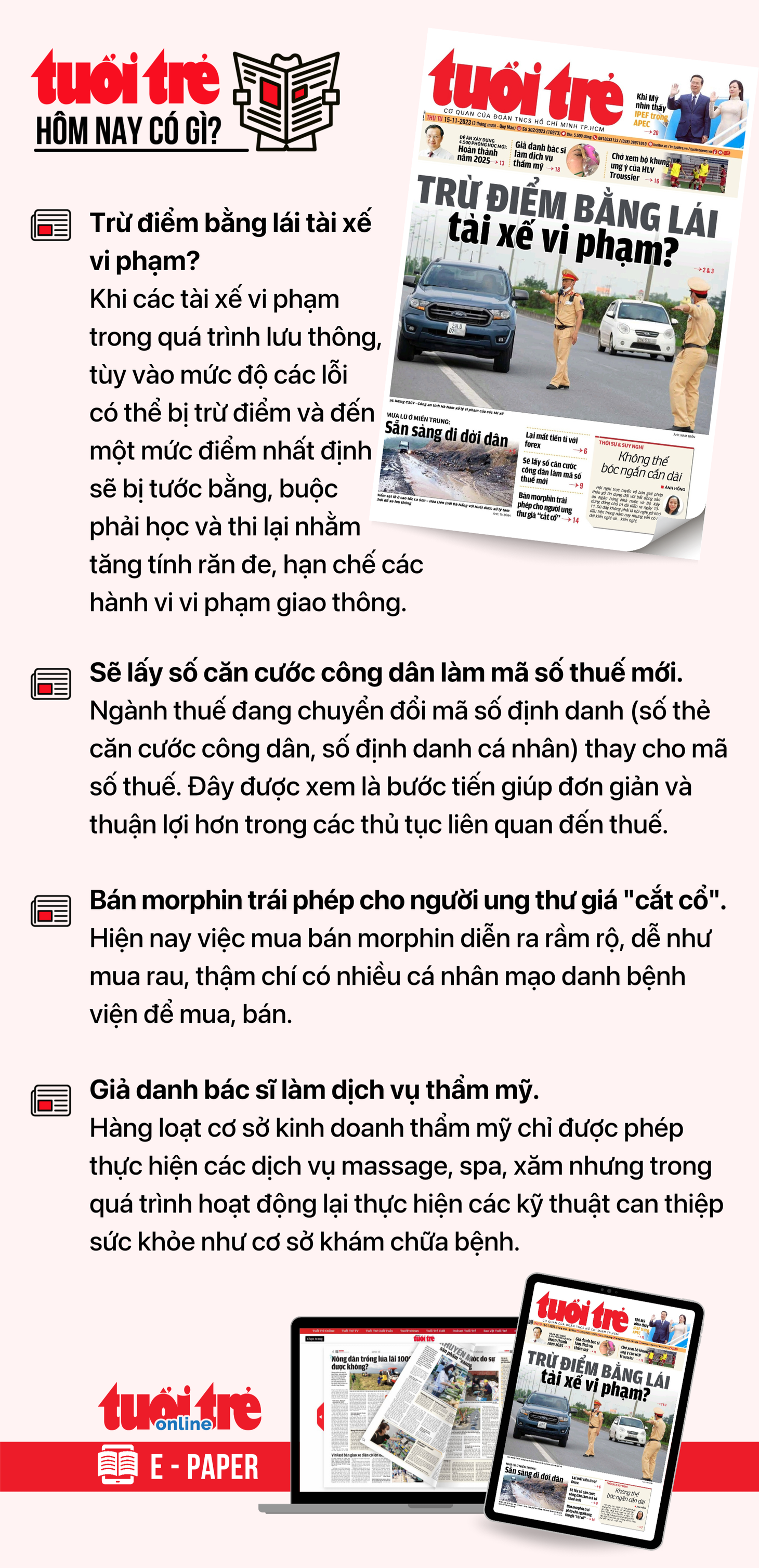 Tin tức chính trên Tuổi Trẻ nhật báo hôm nay 15-11. Để đọc Tuổi Trẻ báo in phiên bản E-paper, mời bạn đăng ký Tuổi Trẻ Sao&nbsp;TẠI ĐÂY
