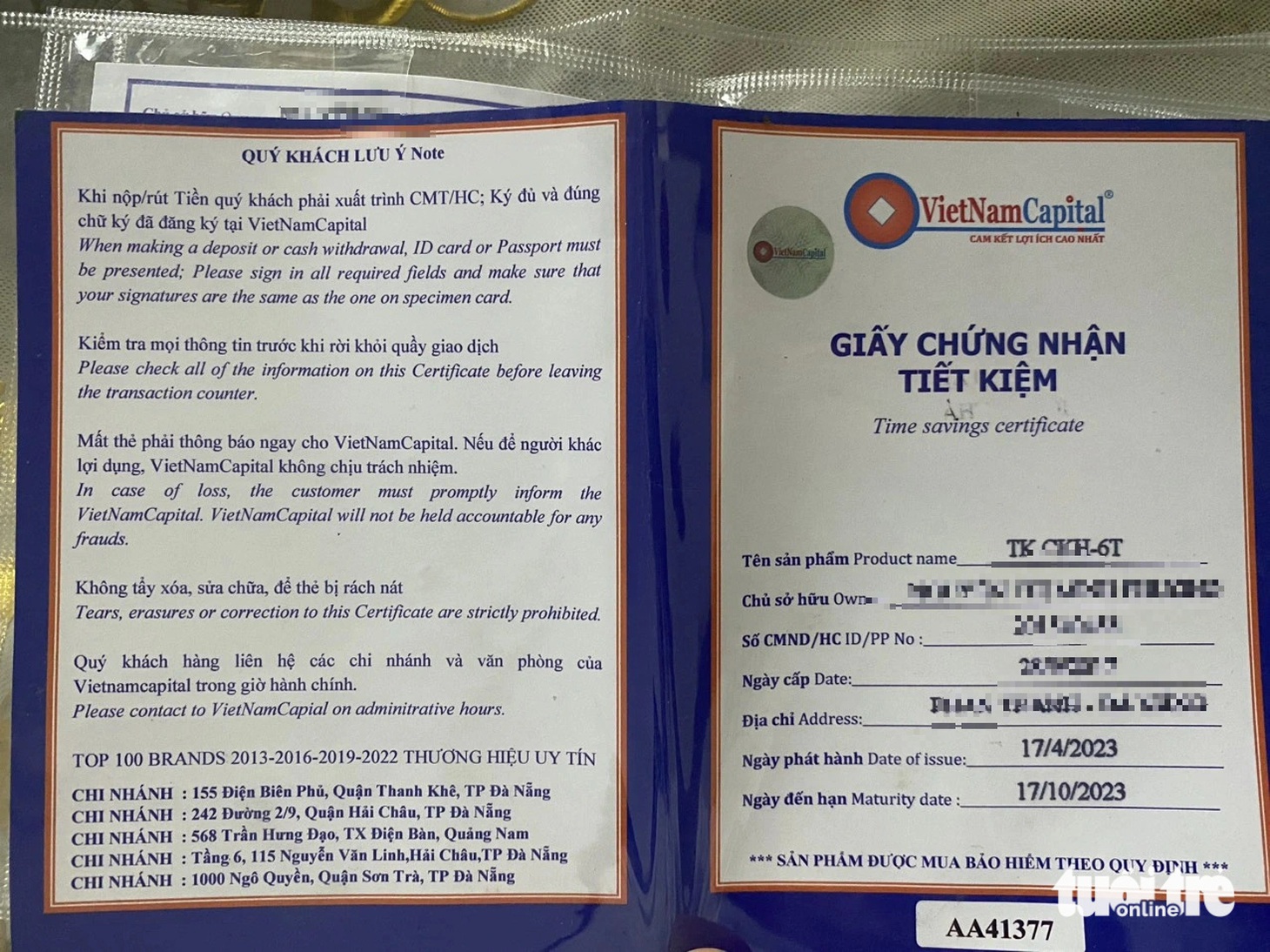 Giấy chứng nhận tiết kiệm của Công ty cổ phần tài chính VietNam Capital làm rất giống sổ tiết kiệm của một ngân hàng - Ảnh: TRƯỜNG TRUNG