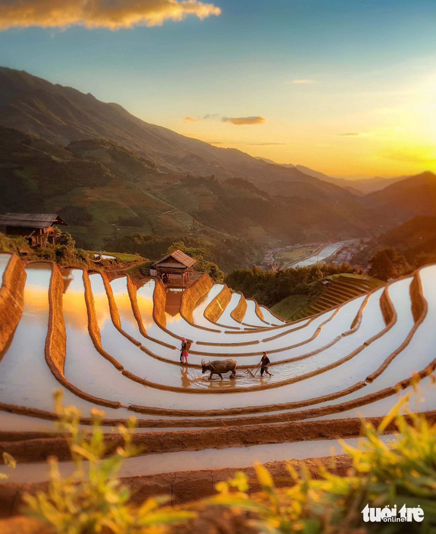 Bà con người Mông tại huyện Mù Cang Chải (Yên Bái) đang cày ải trên một thửa ruộng bậc thang - Ảnh: KEVIN NGUYỄN