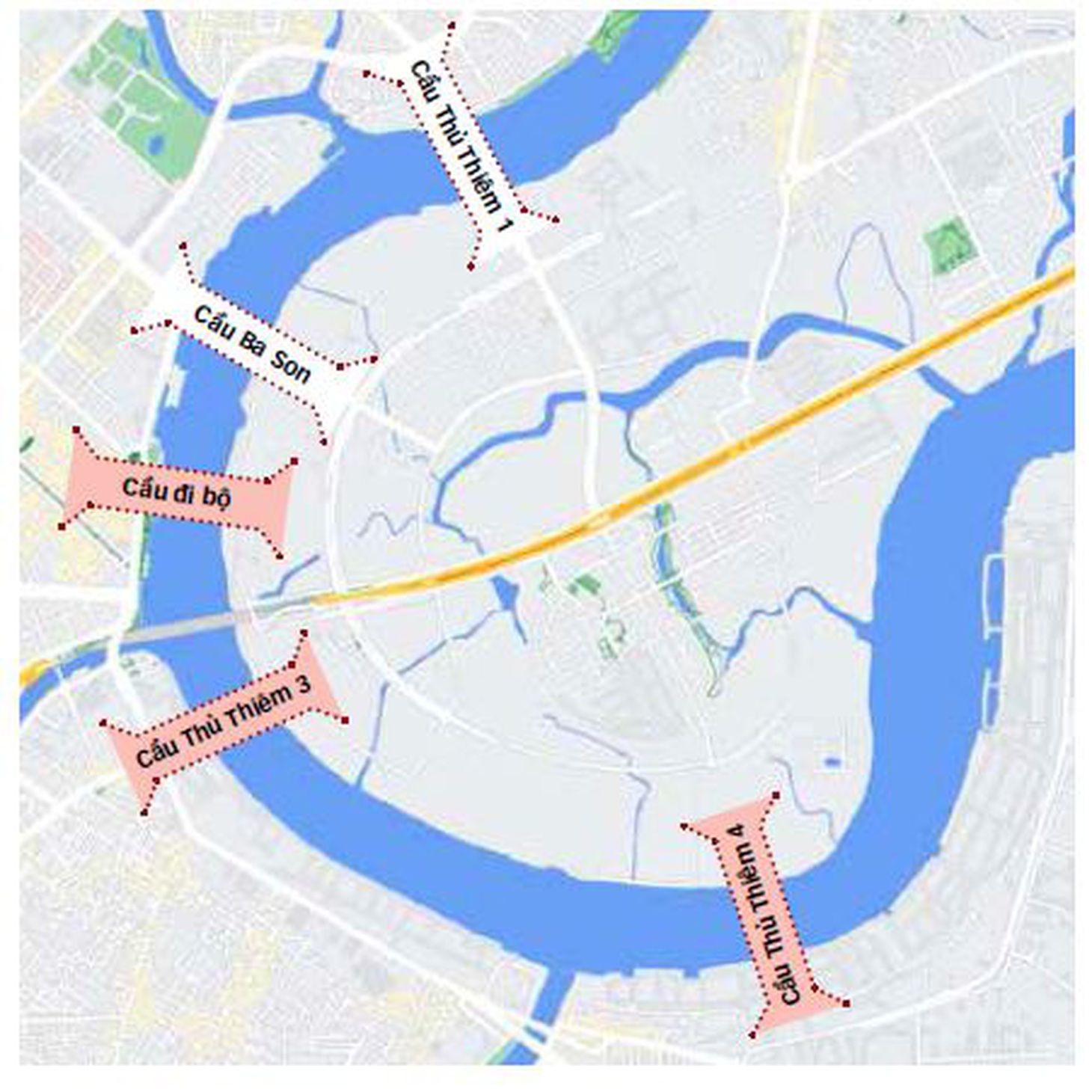 Cầu đi bộ và cầu Thủ Thiêm 4 sẽ hình thành trong tương lai gần. Cầu Thủ Thiêm 3 được nêu trong quy hoạch nhưng chưa có kế hoạch thực hiện cụ thể trong thời gian tới - Đồ họa: TẤN ĐẠT