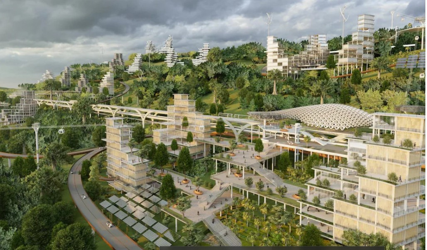Nusantara được quảng cáo là một đô thị bền vững, trong đó cư dân sẽ đi lại bằng xe buýt điện và sống trong những ngôi nhà phủ cây xanh chạy bằng năng lượng tái tạo - Ảnh: AFP