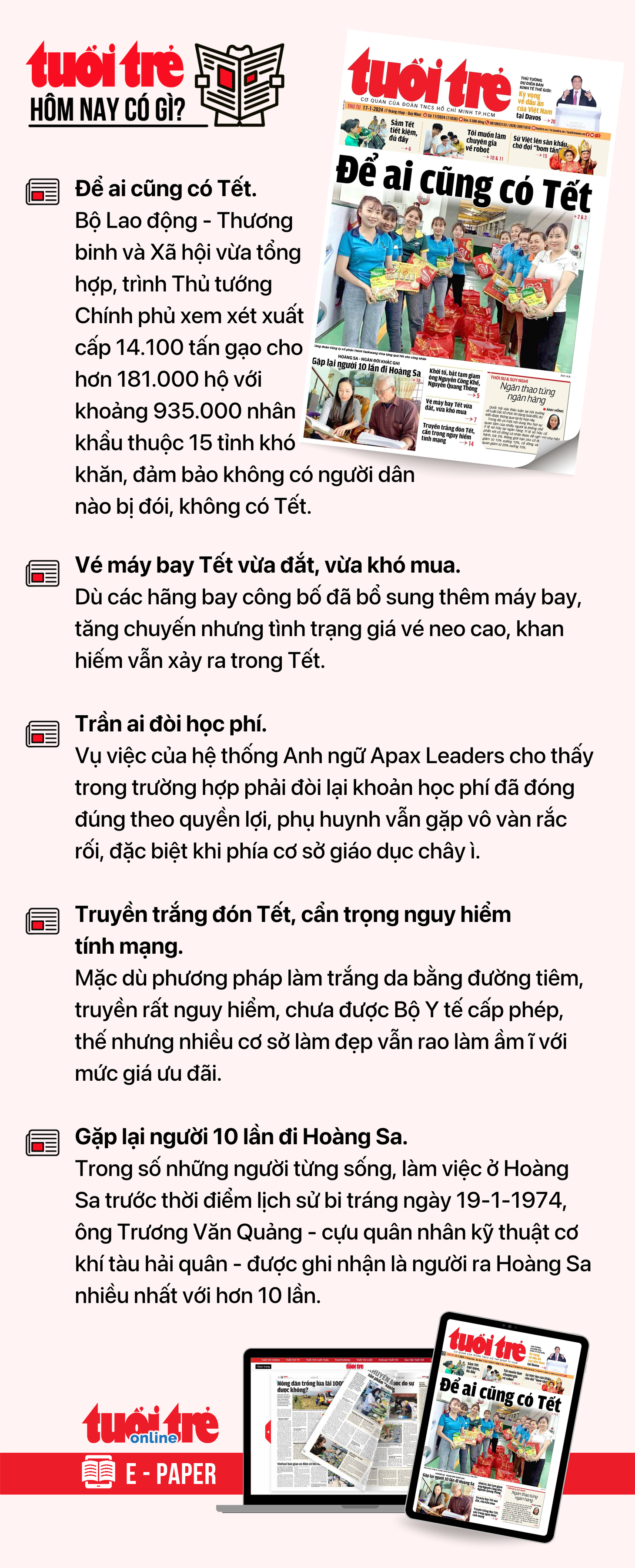 Tin tức chính trên Tuổi Trẻ nhật báo hôm nay 17-1. Để đọc Tuổi Trẻ báo in phiên bản E-paper, mời bạn đăng ký Tuổi Trẻ Sao TẠI ĐÂY