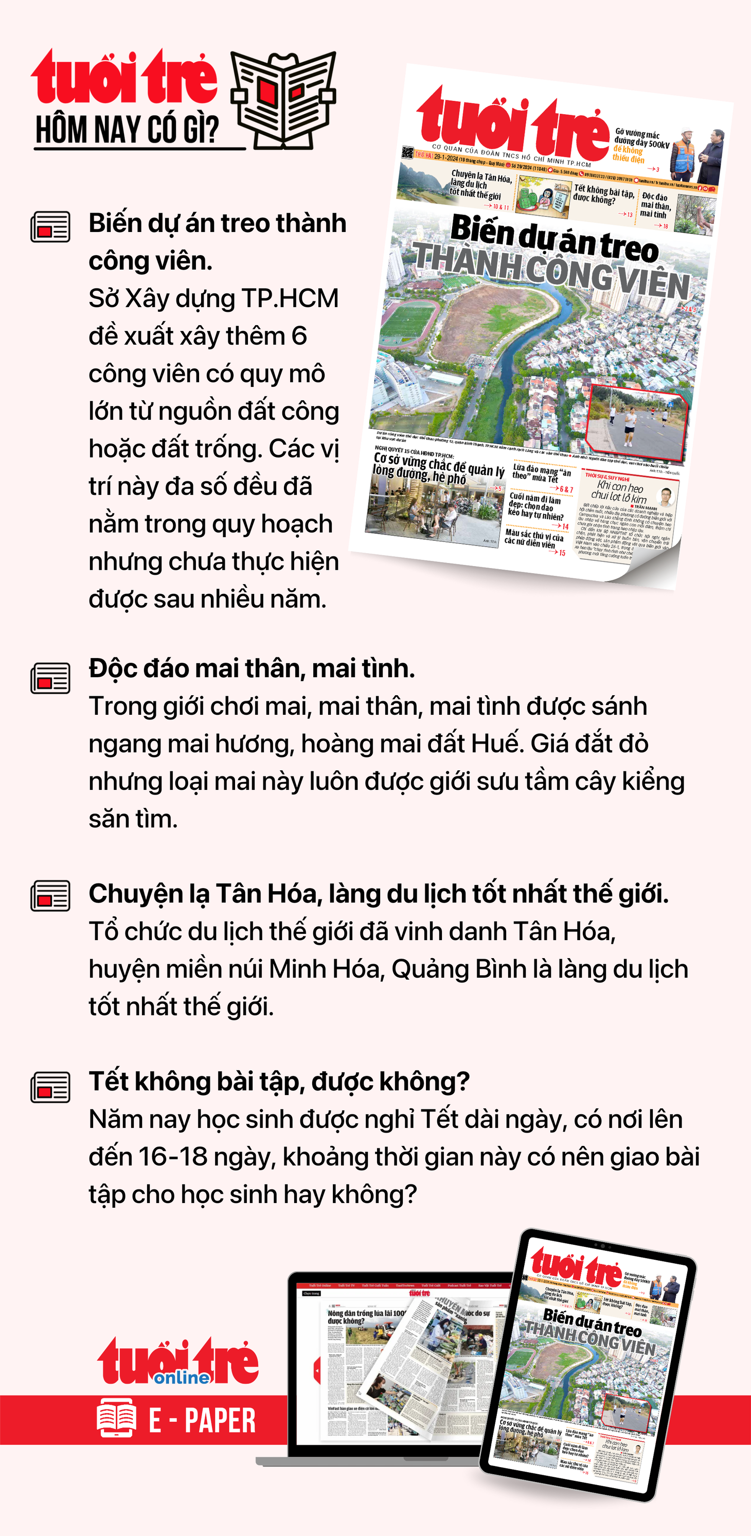 Tin tức chính trên Tuổi Trẻ nhật báo hôm nay 29-1. Để đọc Tuổi Trẻ báo in phiên bản E-paper, mời bạn đăng ký Tuổi Trẻ Sao TẠI ĐÂY