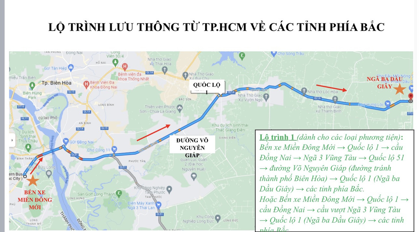 Lộ trình gợi ý từ TP.HCM đi các tỉnh phía Bắc - Nguồn: Sở Giao thông vận tải TP.HCM