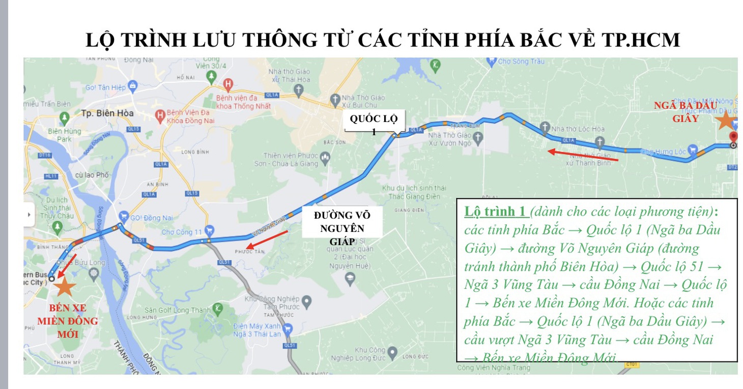 Lộ trình gợi ý đi từ các tỉnh phía Bắc về TP.HCM - Nguồn: Sở Giao thông vận tải TP.HCM