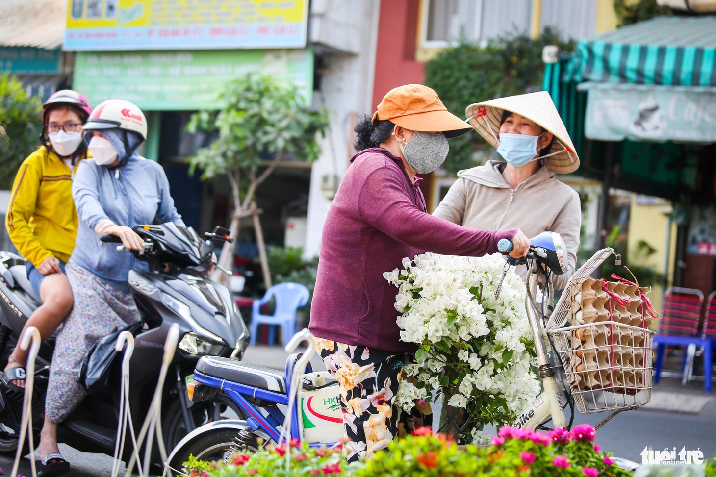 Cô Lan (quận 8) chọn được chậu hoa giấy trắng bung đều ưng ý - Ảnh: PHƯƠNG QUYÊN
