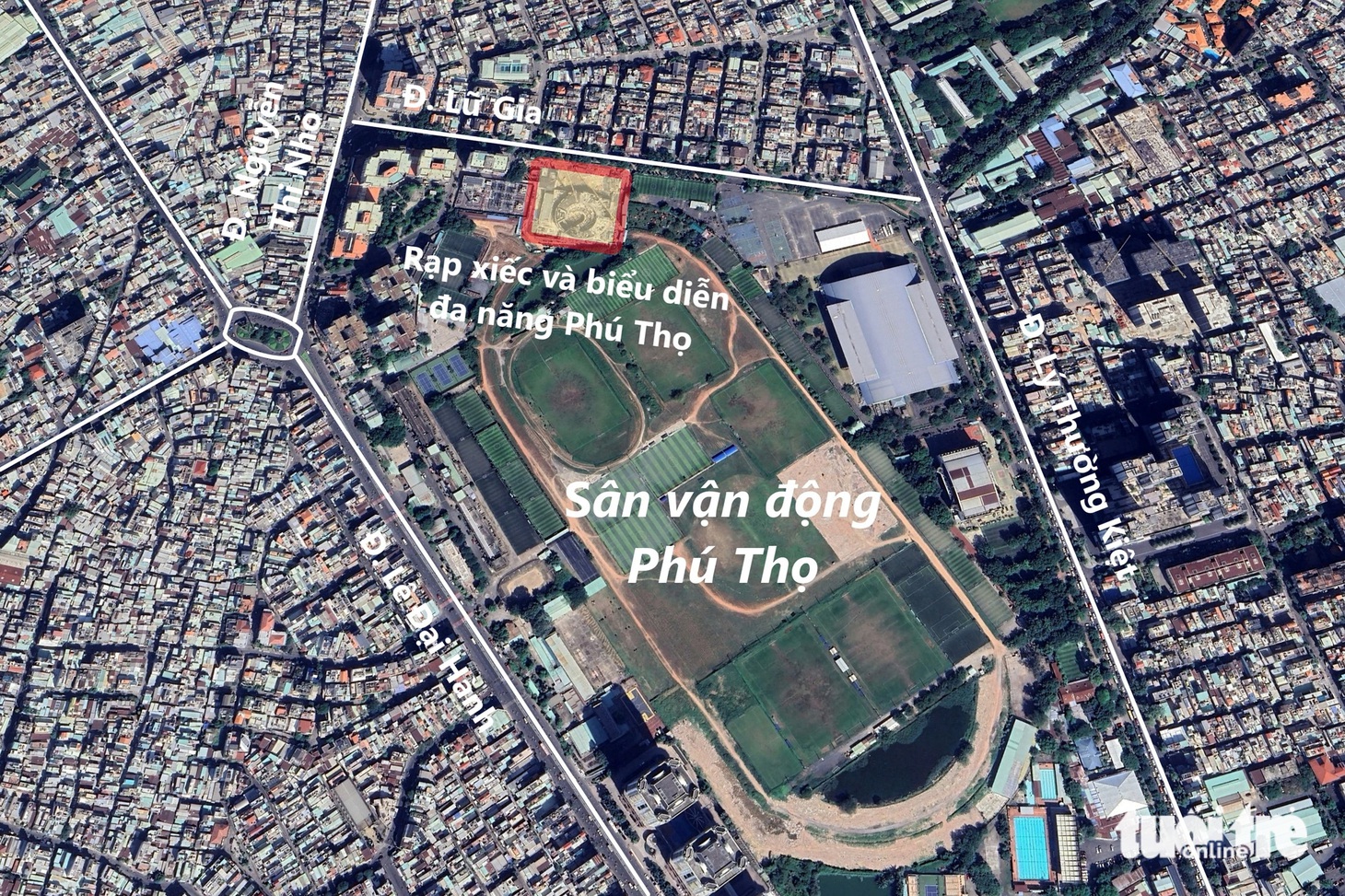 Rạp xiếc và biểu diễn đa năng Phú Thọ nằm trên đường Lữ Gia (quận 11), bên cạnh sân vận động Phú Thọ - Đồ họa: PHƯƠNG NHI