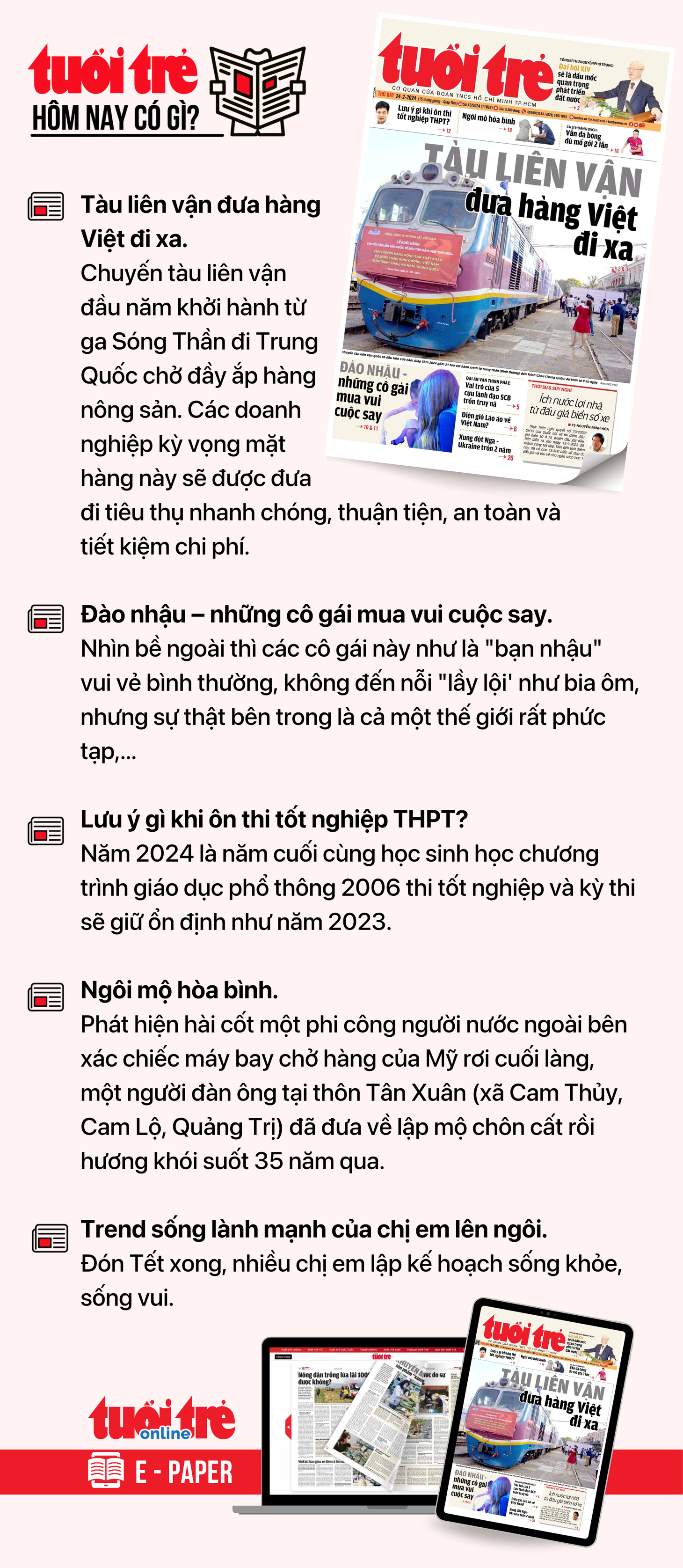 Tin tức đáng chú ý trên Tuổi Trẻ nhật báo ngày 24-2. Để đọc Tuổi Trẻ báo in phiên bản E-paper, mời bạn đăng ký Tuổi Trẻ Sao TẠI ĐÂY
