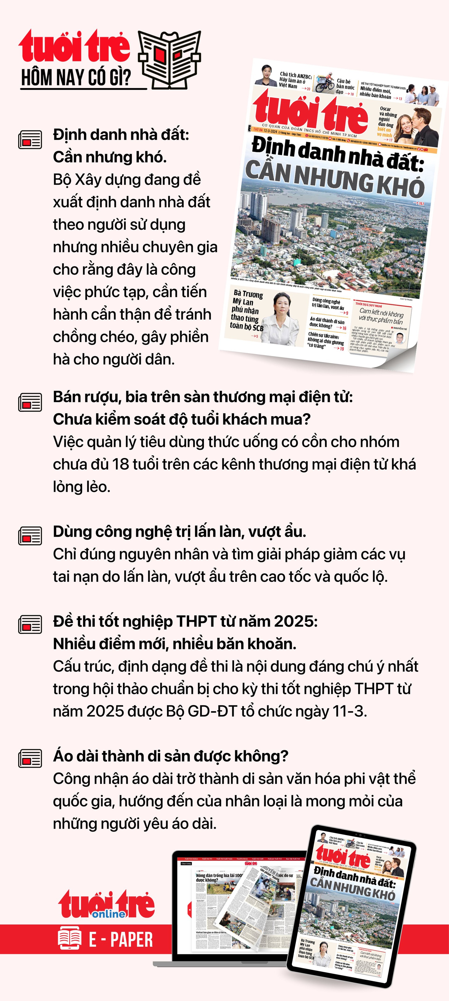Tin tức chính trên Tuổi Trẻ nhật báo hôm nay 12-3. Để đọc Tuổi Trẻ báo in phiên bản E-paper, mời bạn đăng ký Tuổi Trẻ Sao TẠI ĐÂY