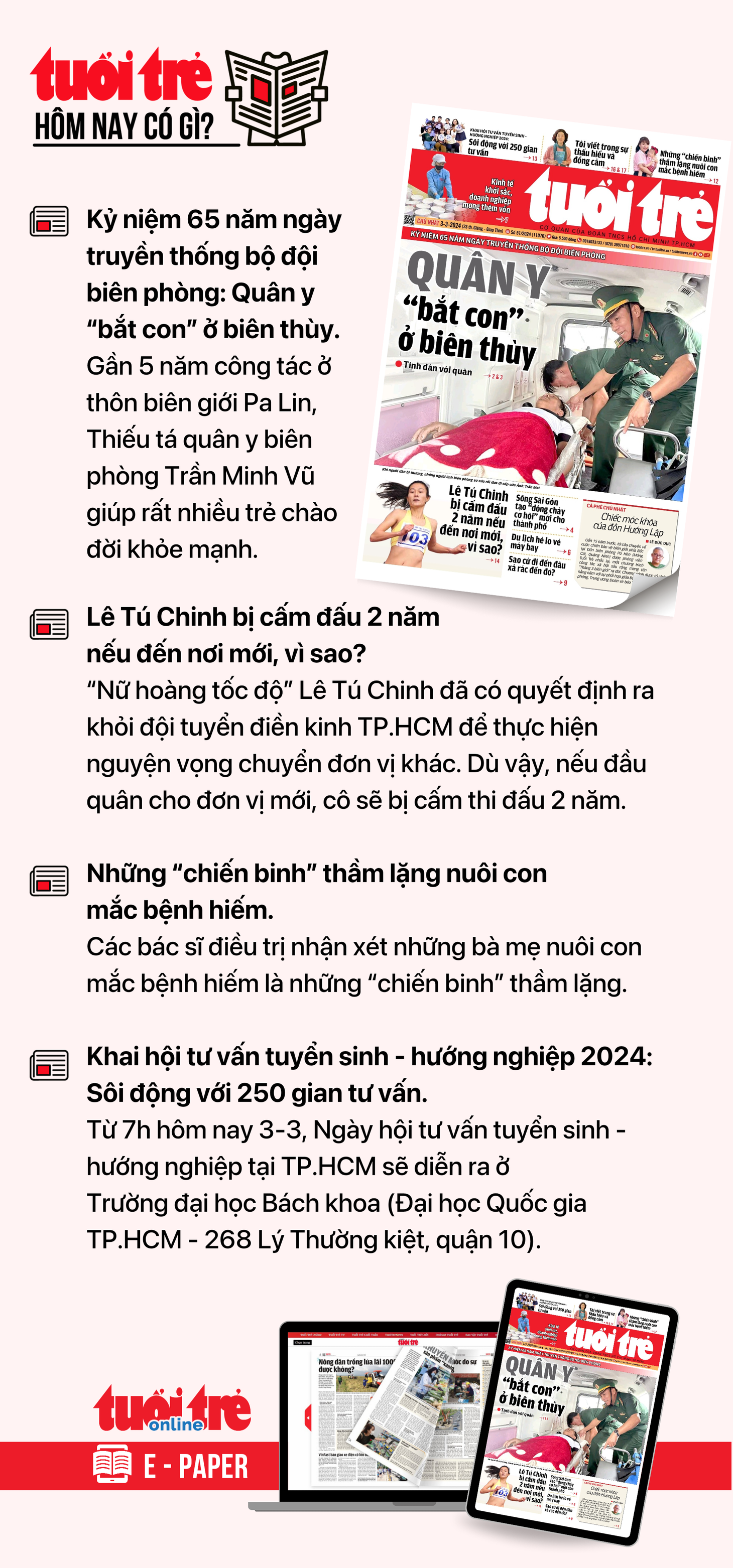 Tin tức chính trên Tuổi Trẻ nhật báo hôm nay 3-3. Để đọc Tuổi Trẻ báo in phiên bản E-paper, mời bạn đăng ký Tuổi Trẻ Sao TẠI ĐÂY