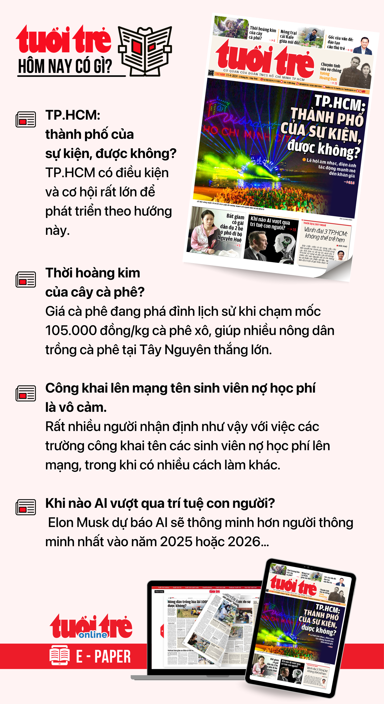 Tin tức chính trên Tuổi Trẻ nhật báo hôm nay 11-4. Để đọc Tuổi Trẻ báo in phiên bản E-paper, mời bạn đăng ký Tuổi Trẻ Sao TẠI ĐÂY