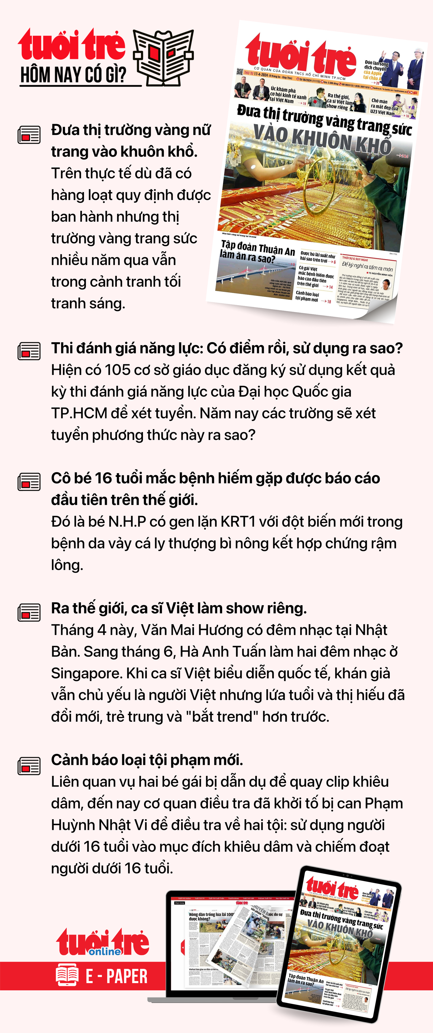 Tin tức chính trên Tuổi Trẻ nhật báo hôm nay 17-4. Để đọc Tuổi Trẻ báo in phiên bản E-paper, mời bạn đăng ký Tuổi Trẻ Sao TẠI ĐÂY