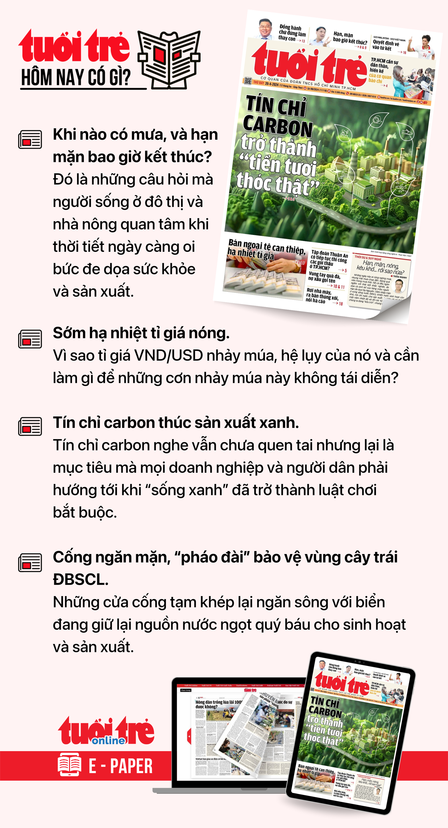 Tin tức chính trên Tuổi Trẻ nhật báo hôm nay 20-4. Để đọc Tuổi Trẻ báo in phiên bản E-paper, mời bạn đăng ký Tuổi Trẻ Sao TẠI ĐÂY