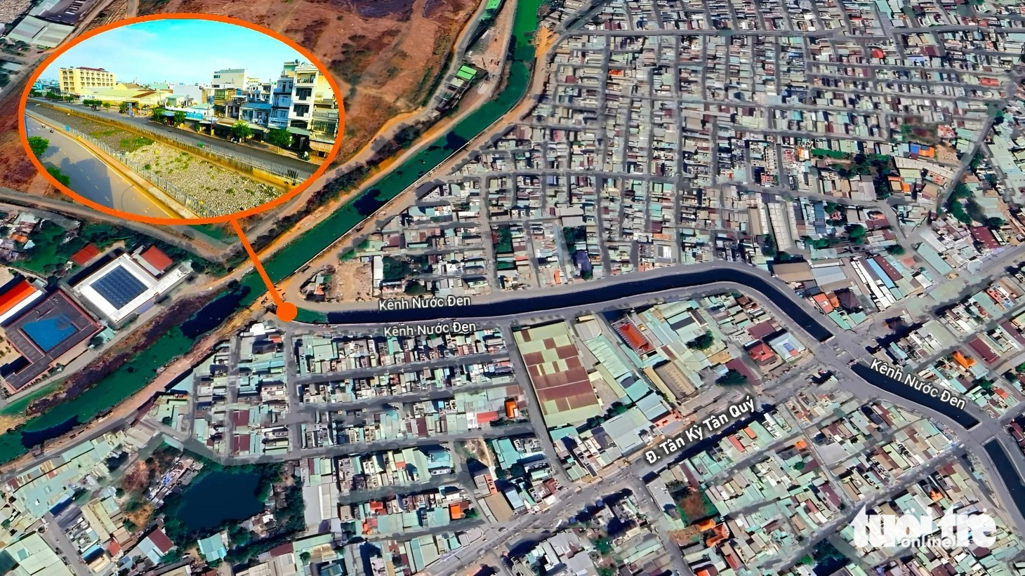 Đoạn kênh Nước Đen ứ đọng rác, ô nhiễm nặng trên bản đồ - Đồ họa: TIẾN QUỐC