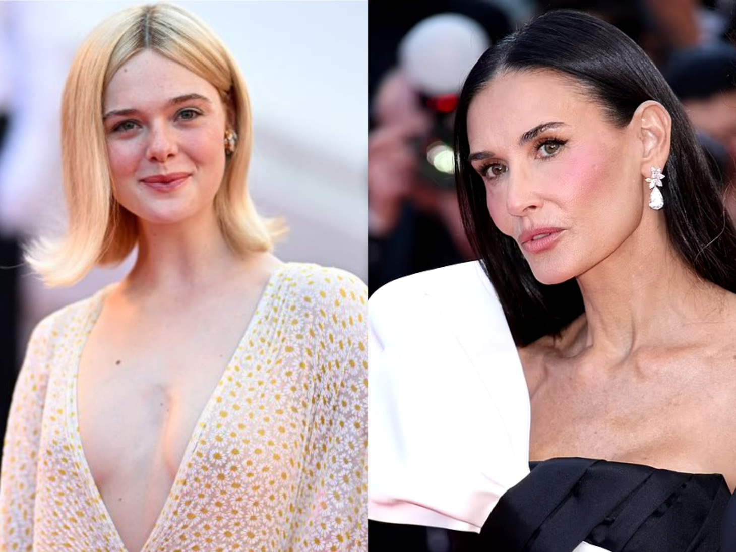 Elle Fanning (trái) và Demi Moore nổi bật trên thảm đỏ bế mạc Cannes 2024