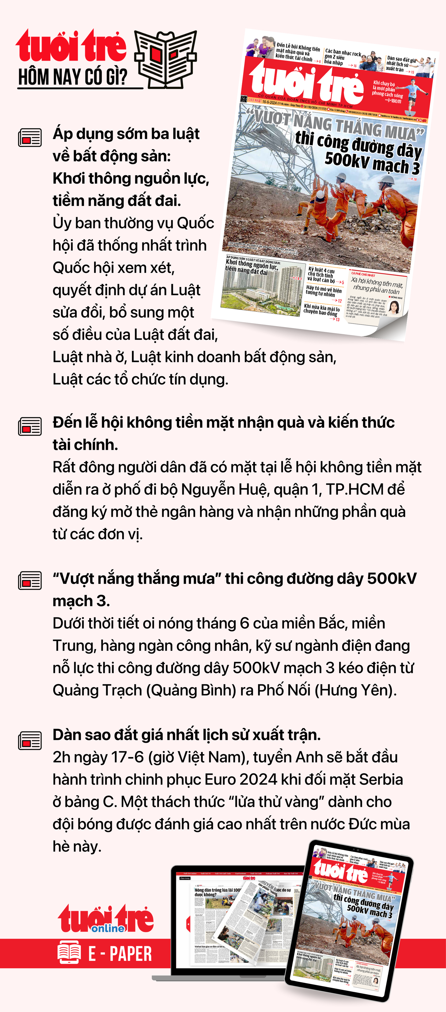 Tin tức chính trên Tuổi Trẻ nhật báo hôm nay 16-6. Để đọc Tuổi Trẻ báo in phiên bản E-paper, mời bạn đăng ký Tuổi Trẻ Sao TẠI ĐÂY
