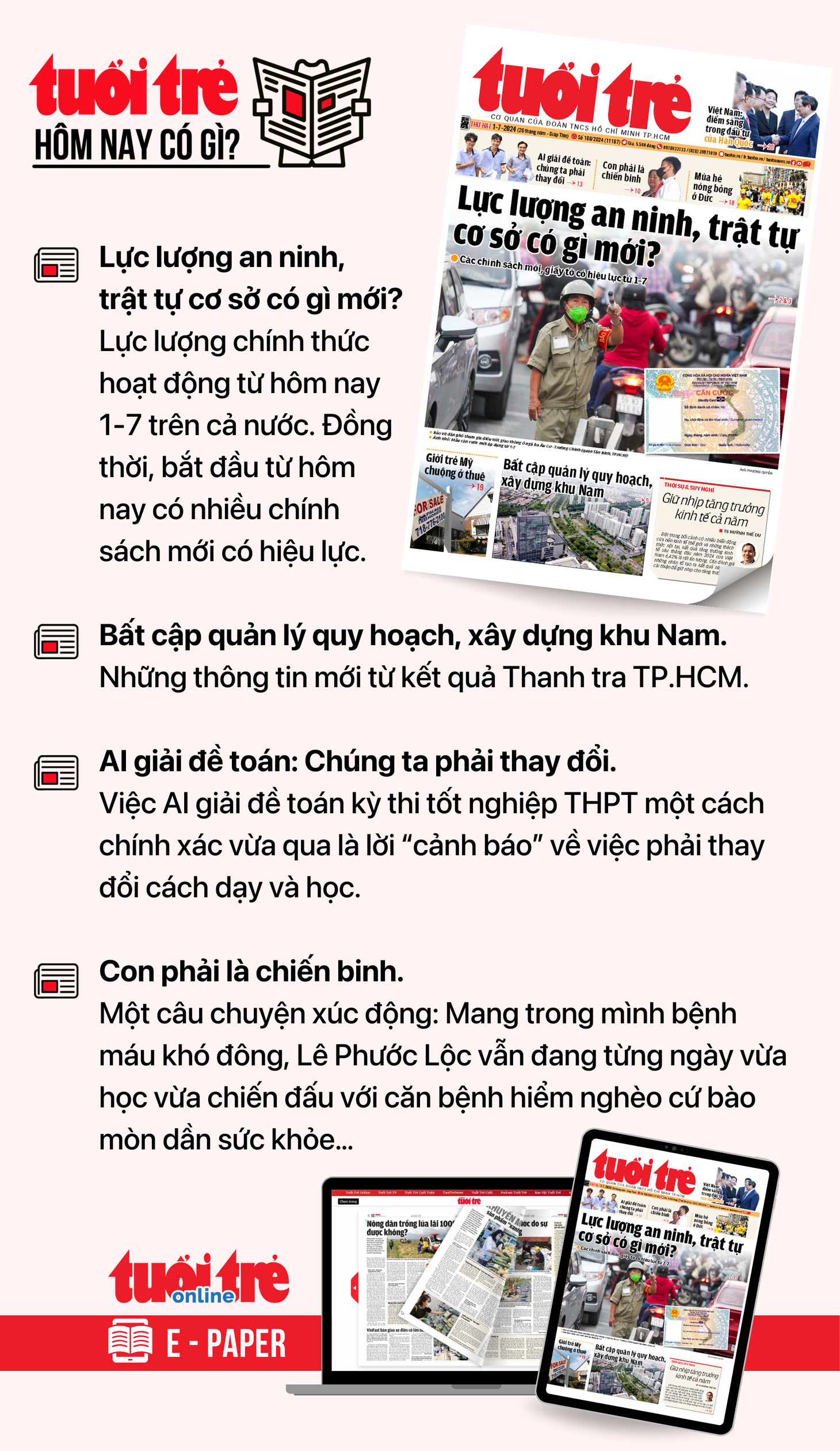 Tin tức chính trên Tuổi Trẻ nhật báo hôm nay 1-7. Để đọc Tuổi Trẻ báo in phiên bản E-paper, mời bạn đăng ký Tuổi Trẻ Sao TẠI ĐÂY