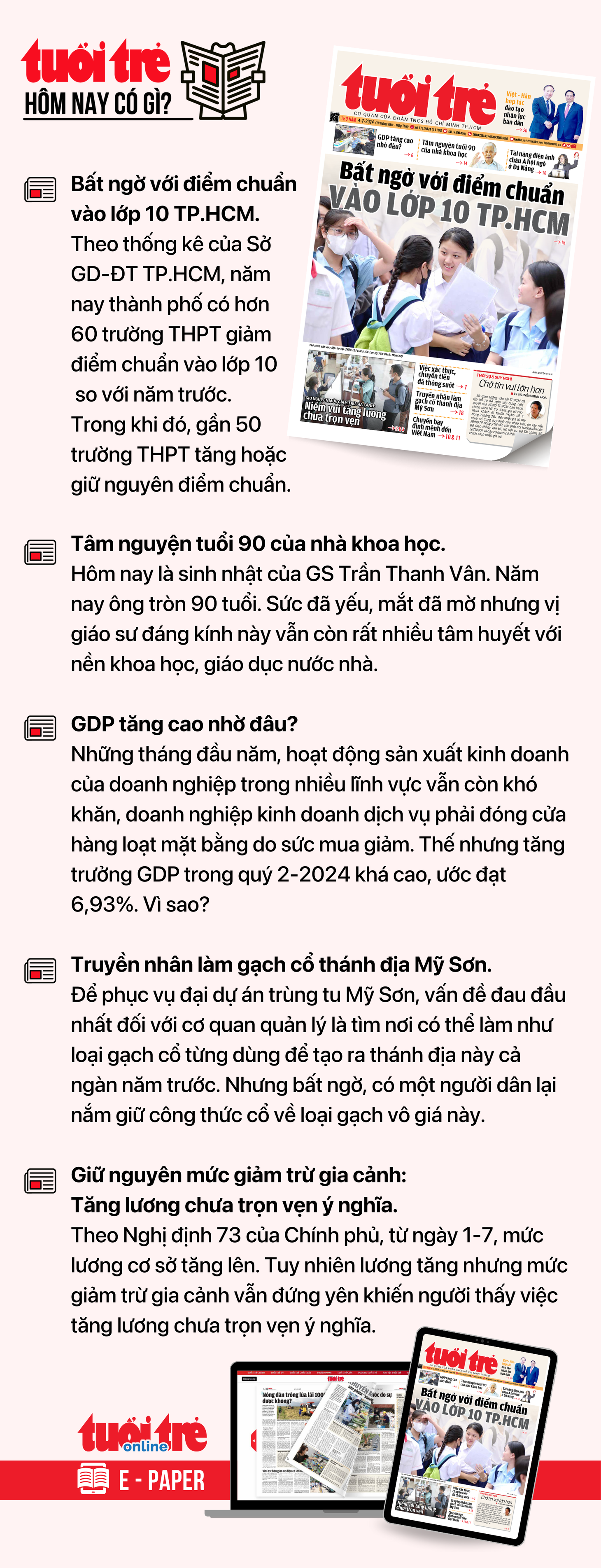 Tin tức chính trên Tuổi Trẻ nhật báo hôm nay 4-7. Để đọc Tuổi Trẻ báo in phiên bản E-paper, mời bạn đăng ký Tuổi Trẻ Sao TẠI ĐÂY