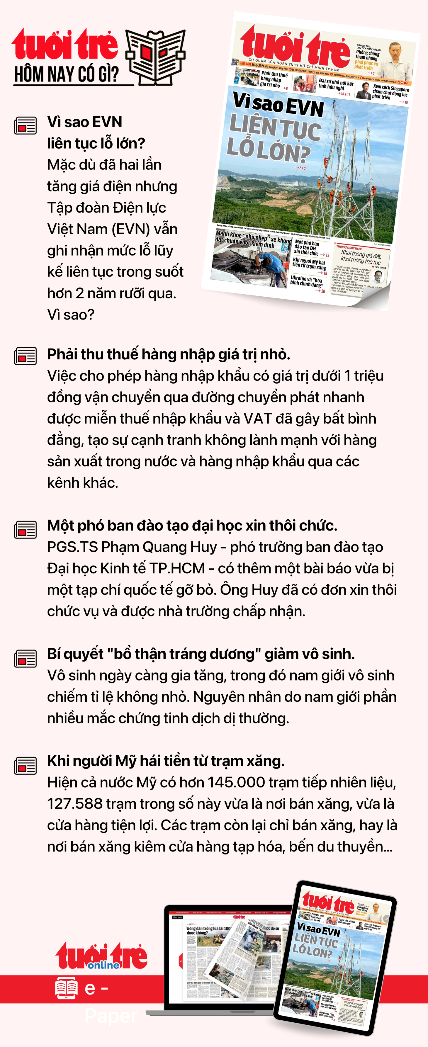 Tin tức chính trên Tuổi Trẻ nhật báo hôm nay 15-8. Để đọc Tuổi Trẻ báo in phiên bản E-paper, mời bạn đăng ký Tuổi Trẻ Sao TẠI ĐÂY