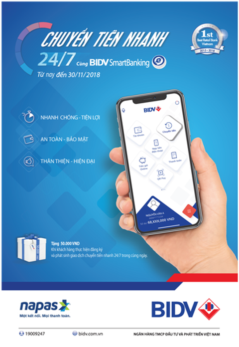 Chuyển tiền nhanh 24/7 cùng BIDV SmartBanking có nhiều ưu đãi - Ảnh 1. Chuyển tiền nhanh 24/7 cùng BIDV SmartBanking có nhiều ưu đãi - Ảnh 1.