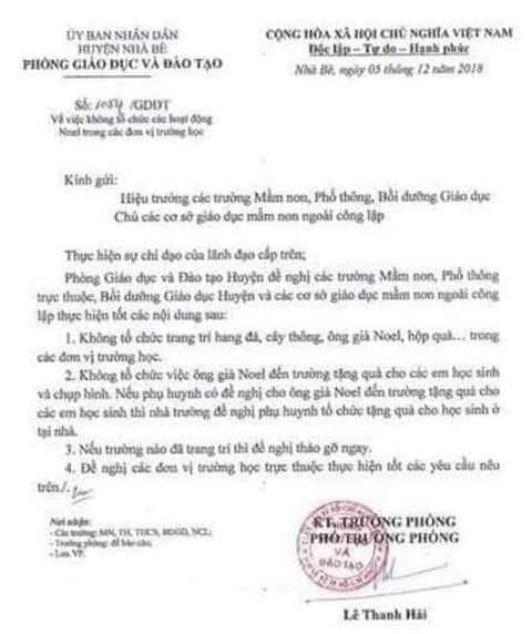 Huyện Nhà Bè thu hồi văn bản trường học không tổ chức Noel do nhầm lẫn - Ảnh 1. Huyện Nhà Bè thu hồi văn bản trường học không tổ chức Noel do nhầm lẫn - Ảnh 1.