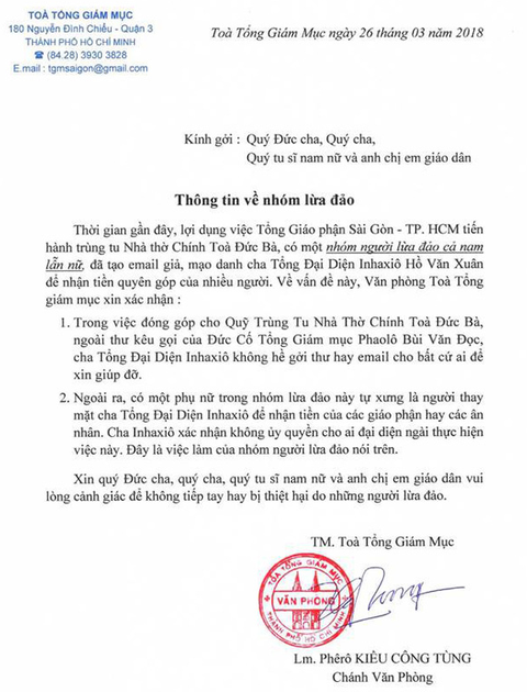 Cảnh giác với email kêu gọi quyên góp trùng tu Nhà thờ Đức Bà - Ảnh 1. Cảnh giác với email kêu gọi quyên góp trùng tu Nhà thờ Đức Bà - Ảnh 1.
