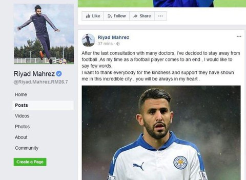 Tiền vệ Mahrez dùng Facebook thông báo giải nghệ? - Ảnh 1. Tiền vệ Mahrez dùng Facebook thông báo giải nghệ? - Ảnh 1.