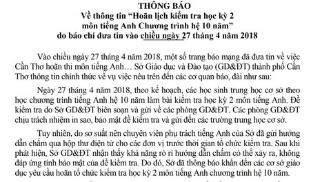 Sở Giáo dục Cần Thơ giải thích lý do hoãn thi tiếng Anh - Ảnh 1. Sở Giáo dục Cần Thơ giải thích lý do hoãn thi tiếng Anh - Ảnh 1.