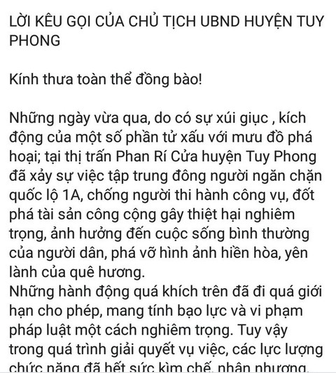 Chủ tịch huyện Tuy Phong dùng Facebook kêu gọi người dân tránh bị xúi giục - Ảnh 1. Chủ tịch huyện Tuy Phong dùng Facebook kêu gọi người dân tránh bị xúi giục - Ảnh 1.