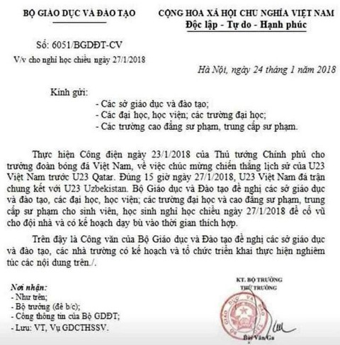 Đề nghị điều tra công văn giả cho nghỉ học xem U23 Việt Nam - Ảnh 2. Đề nghị điều tra công văn giả cho nghỉ học xem U23 Việt Nam - Ảnh 2.